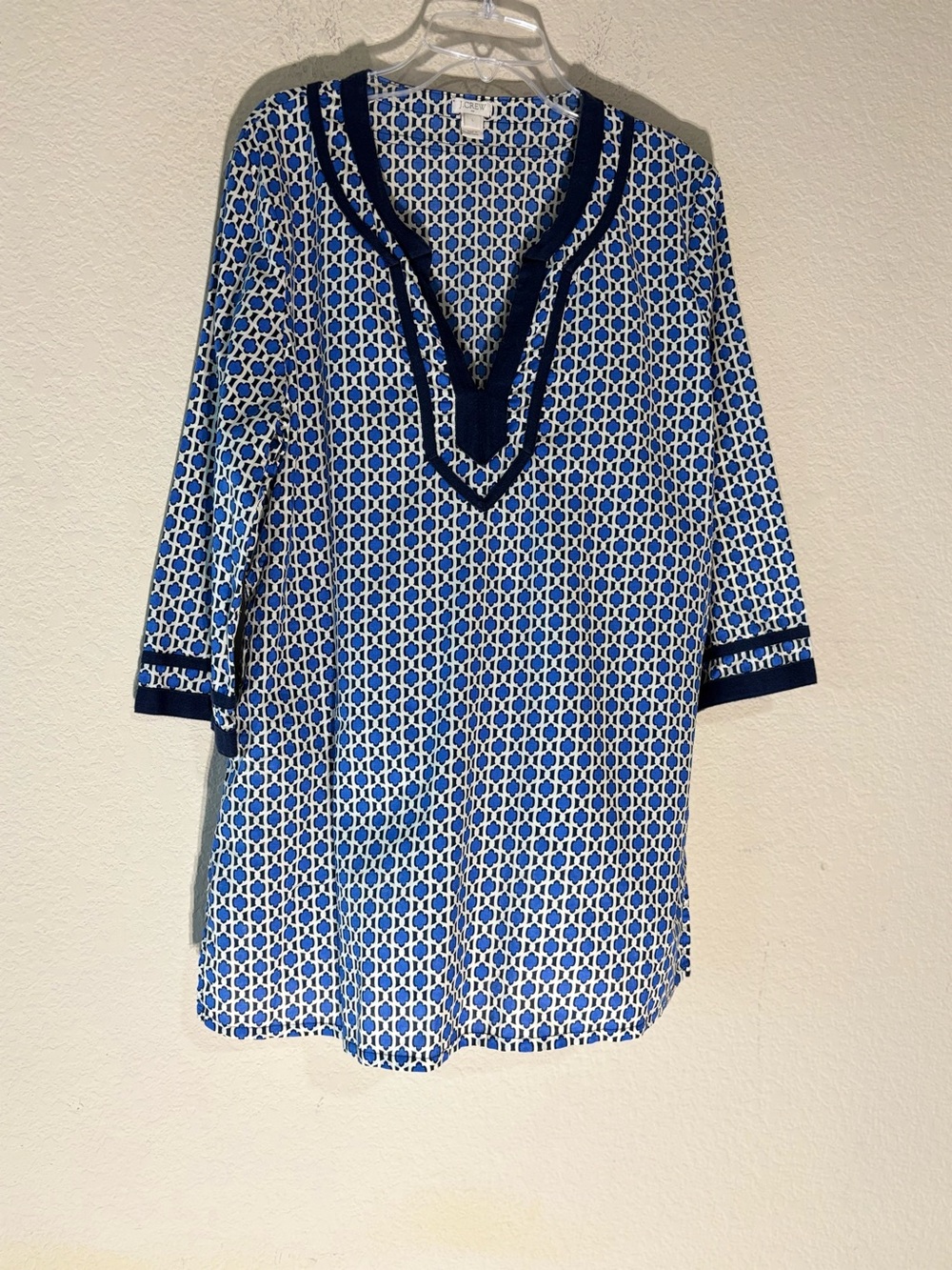 J Crew L Blue Geometric Printed Cotton Poplin Popover Tunic Top